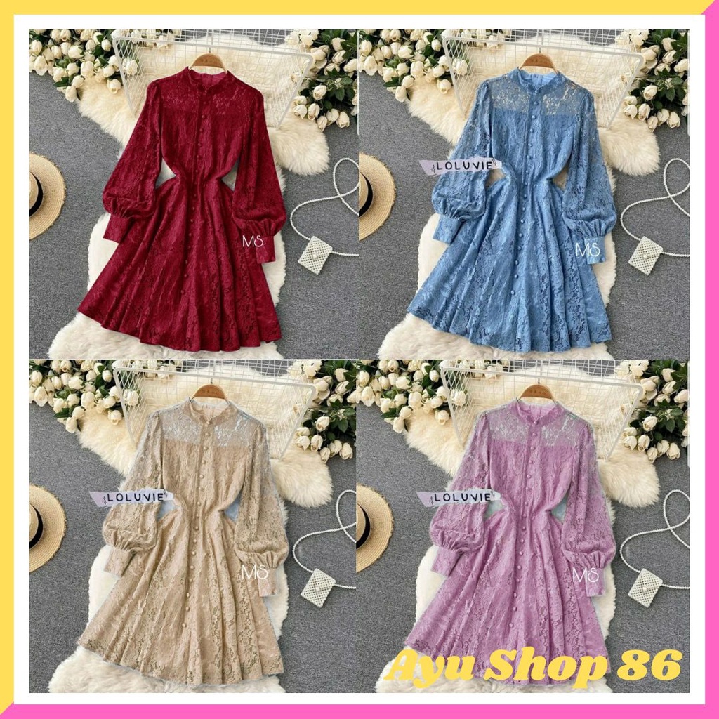 Baju Dress Brukat Lengan Balon Pesta Natal Imlek Wanita Dewasa Mewah Elegan Anggun Cantik Murah Tren