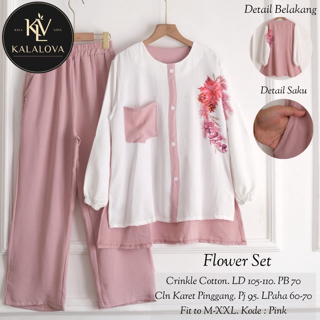 FLOWER SET ORIGINAL KALALOVA SETELAN BAJU WANITA BLOUSE DAN KULOT CRINKLE AIRFLOW BLOUSE JUMBO BUSUI