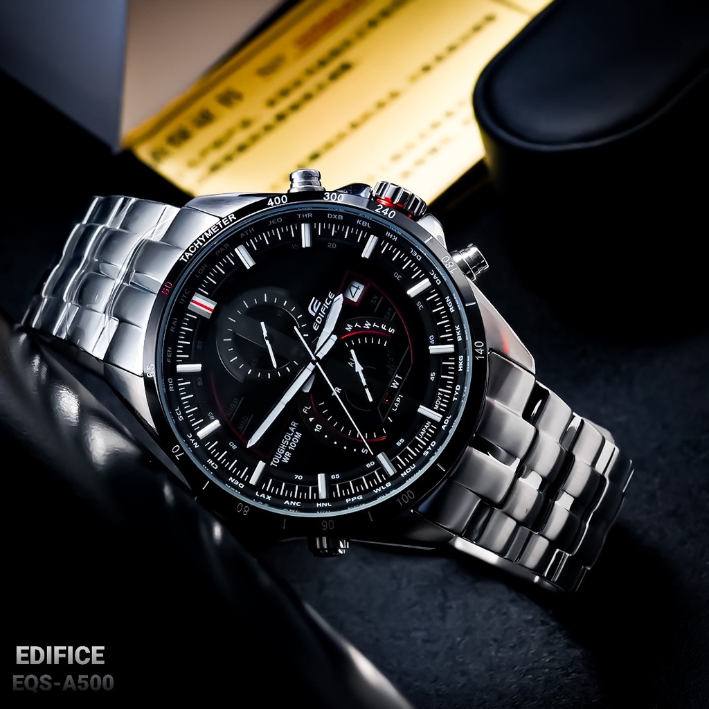Jam Tangan Pria C*s*o ED*F*C* EQS-A500DB-1A EQS-A500 Black Dial Silver Steel