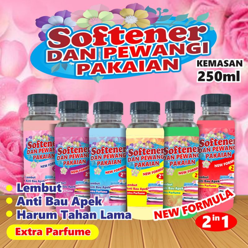 Softener / Pelembut dan Pewangi Pakaian aneka aroma wangi segar kemasan botol PET 250 ml