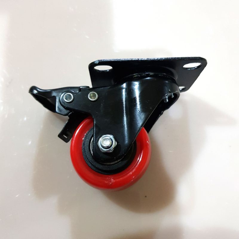 Roda 2 inch pu merah ball bearing putar+rem