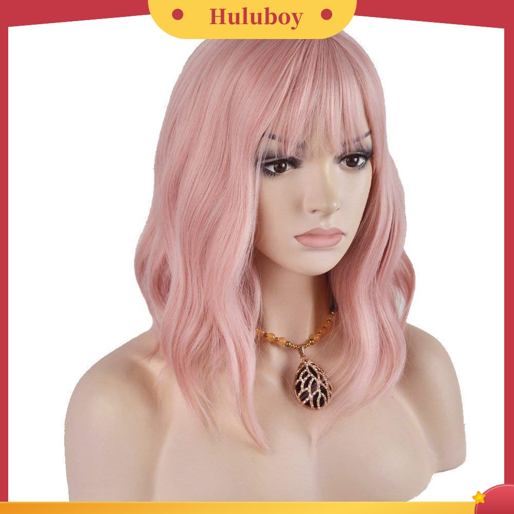 Wig Rambut Sintetis Model Keriting Warna Pink Dengan Poni Untuk Cosplay Wanita