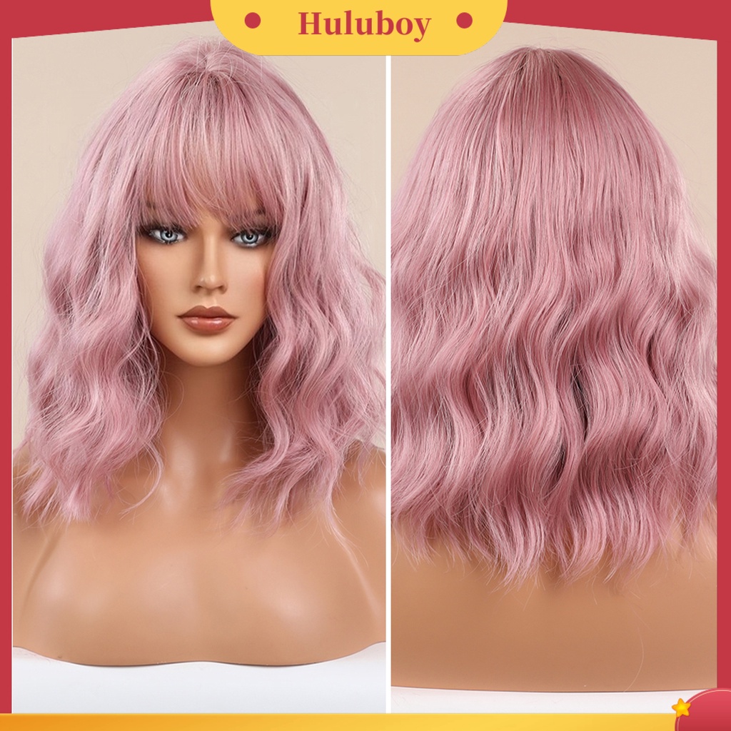 Wig Rambut Keriting Medium Ringan Dengan Poni Warna Pink Untuk Pesta Cosplay