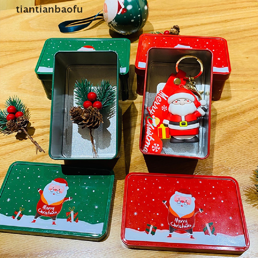 [tiantianbaofu] Christmas Storage Tin Box Portable Persegi Natal Cookie Tins Santa Tinplate Candy Box Kotak Hadiah Wadah Penyimpanan Logam Rumah Butik