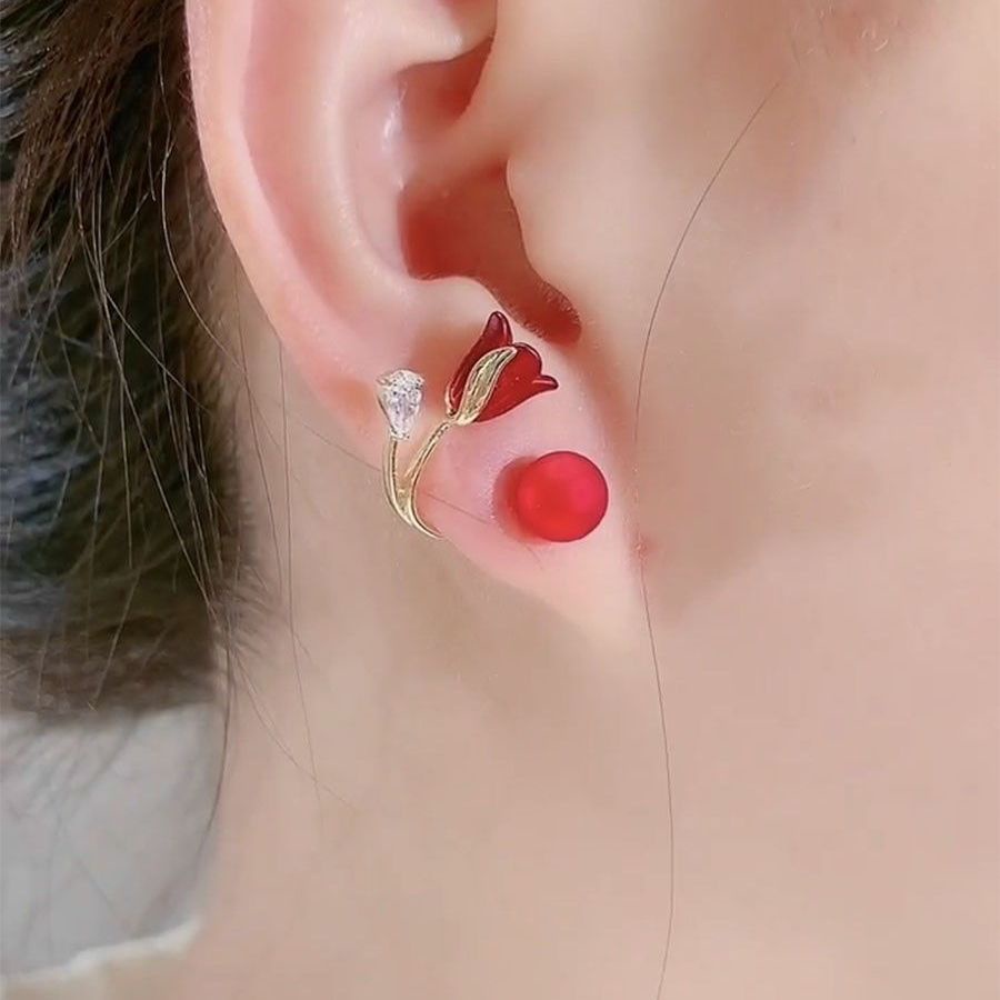 Anting Bentuk Bunga Mawar Merah Gaya Unik