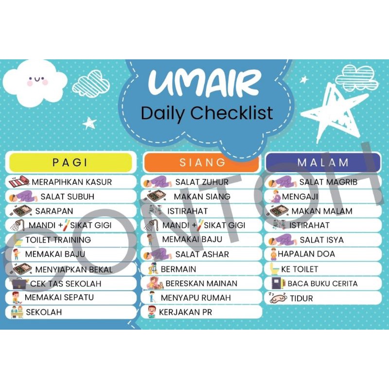 

poster checklist keseharian anak / kids daily checklist (tanpa foto)