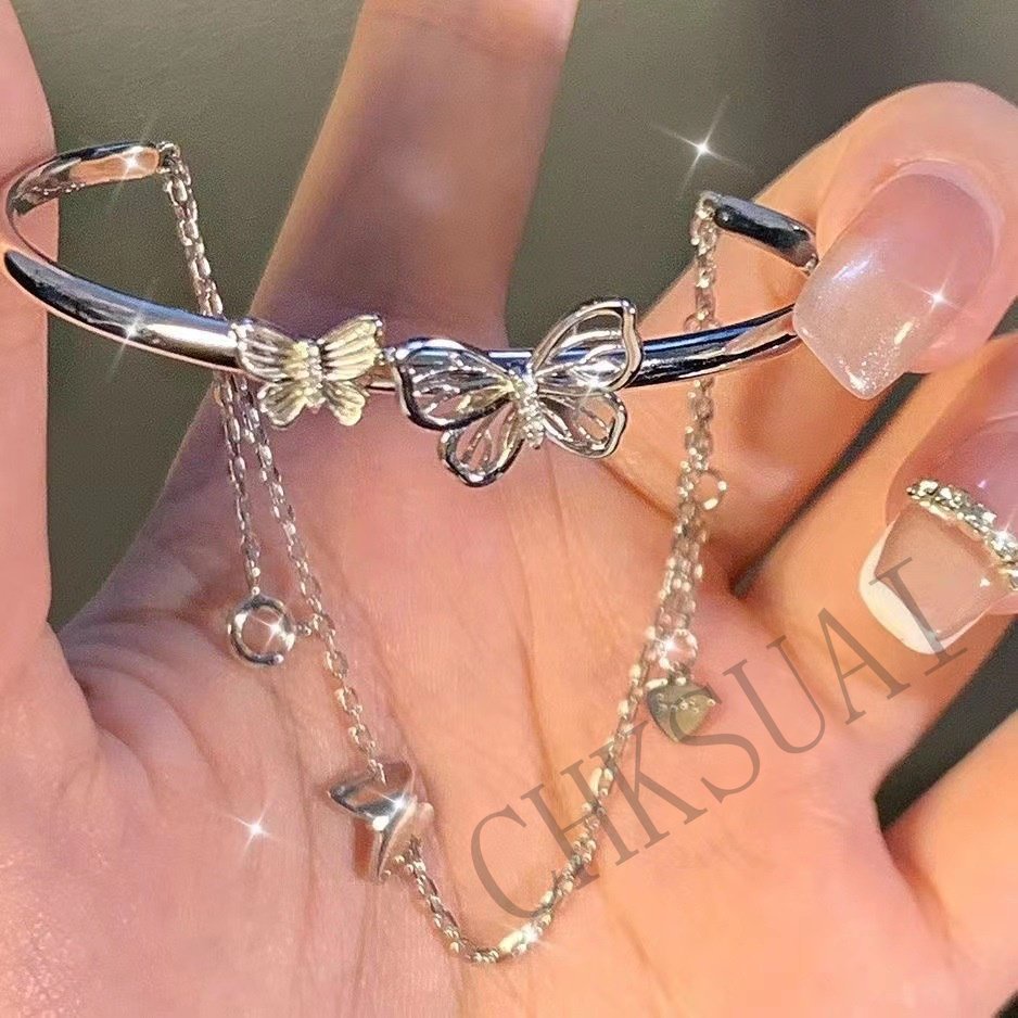 Gelang Model Double Layer Desain Butterfly Heart Gaya Korea Untuk Wanita