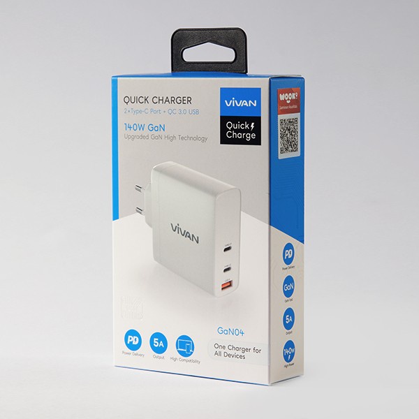 Vivan GaN04 140W GaN Quick Charging 3 Port USB-C USB-A Adaptor Charger