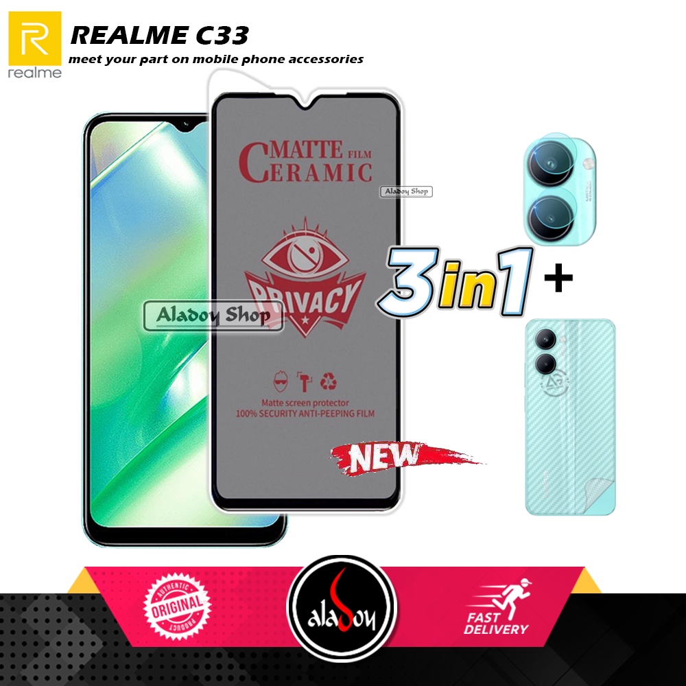 Tempered Glass Anti SPY Realme C33 Anti Gores Privacy + Tempered Glass kamera dan Skin Carbon