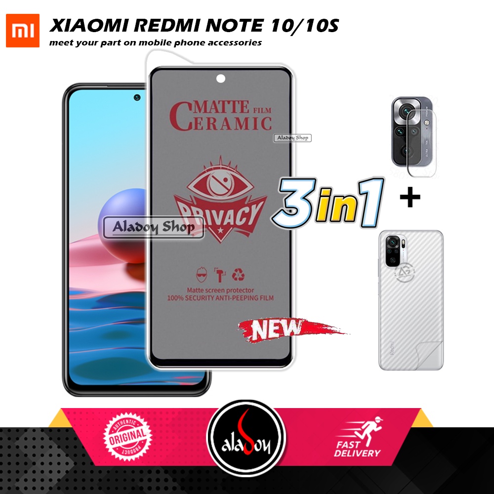 Tempered Glass Anti SPY Xiaomi Redmi Note 10/10S Anti Gores Privacy + Tempered Glass kamera dan Skin Carbon