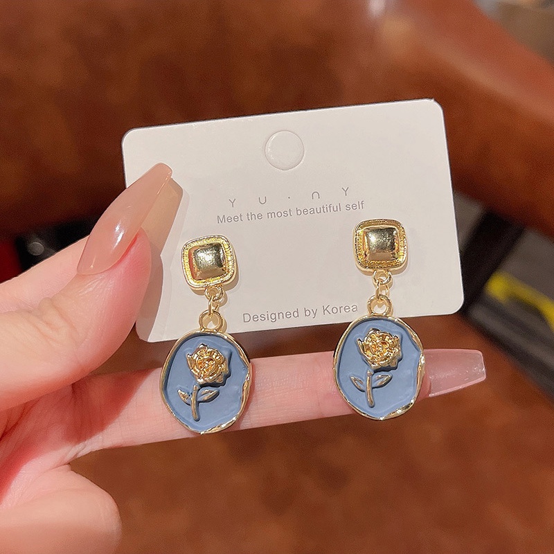 925jarum Perak Jarum Perancis Retro Biru Mawar Anting-Anting Perempuan Fashion Wanita Earrings