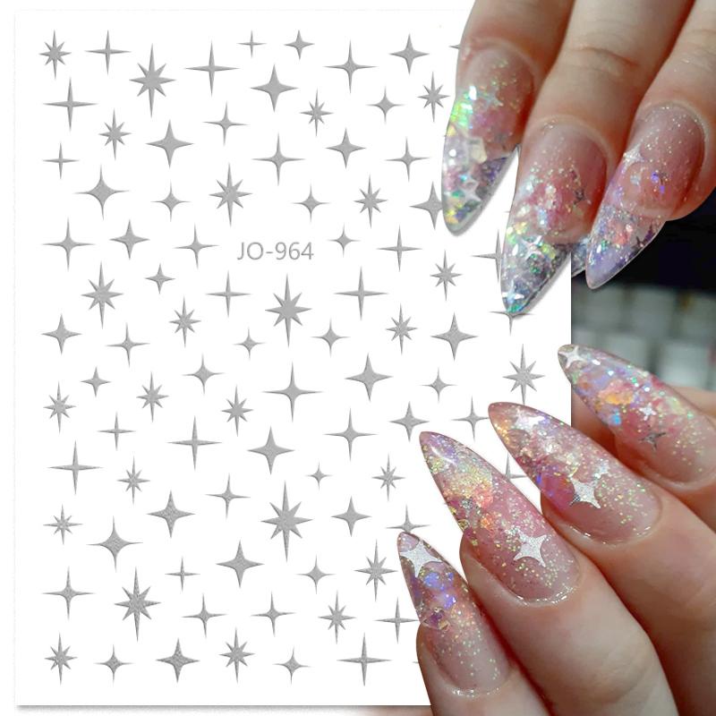 Stiker Kuku Holografik 3D Motif Bintang / Hati / Kupu-Kupu Warna Gold / Silver Untuk Dekorasi Nail Art DIY