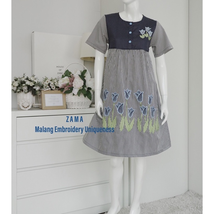 ZAMA | ND Daster Pendek Navy Bordir Tulip Khas Malang