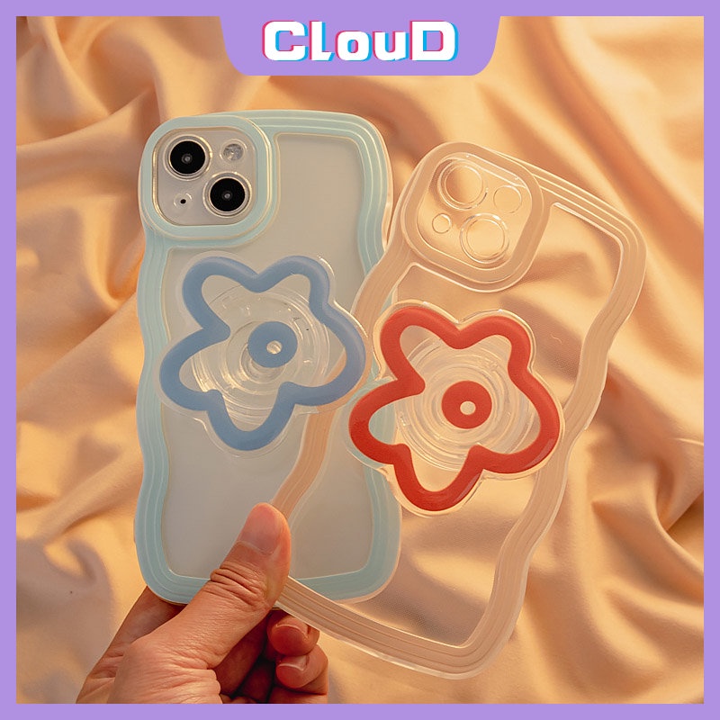 Realme C33 C30 C25Y C25 C35 C15 C20 C11 C21Y C20A C17 8 5 10 9i 5i 9 C3 8Pro 7 C12 C25s 6i 7i 9Pro+8i Macaron Color Wavy Edge Soft Tpu Clear Cover Dengan Dudukan Airbag Stand Bunga