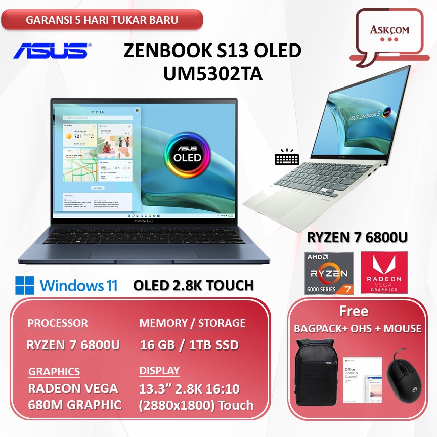 Asus Zenbook S13 OLED UM5302 AMD Ryzen 6000 Touch Ryzen 7 6800U 16GB 1TB ssd 13.3&quot;2.8K Windows11+OHS 21