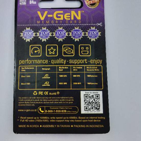 Paling Laris Micro SD Vgen 64GB Class 10 Class10 TURBO SERIES + Adaptor Memory Card Original Resmi