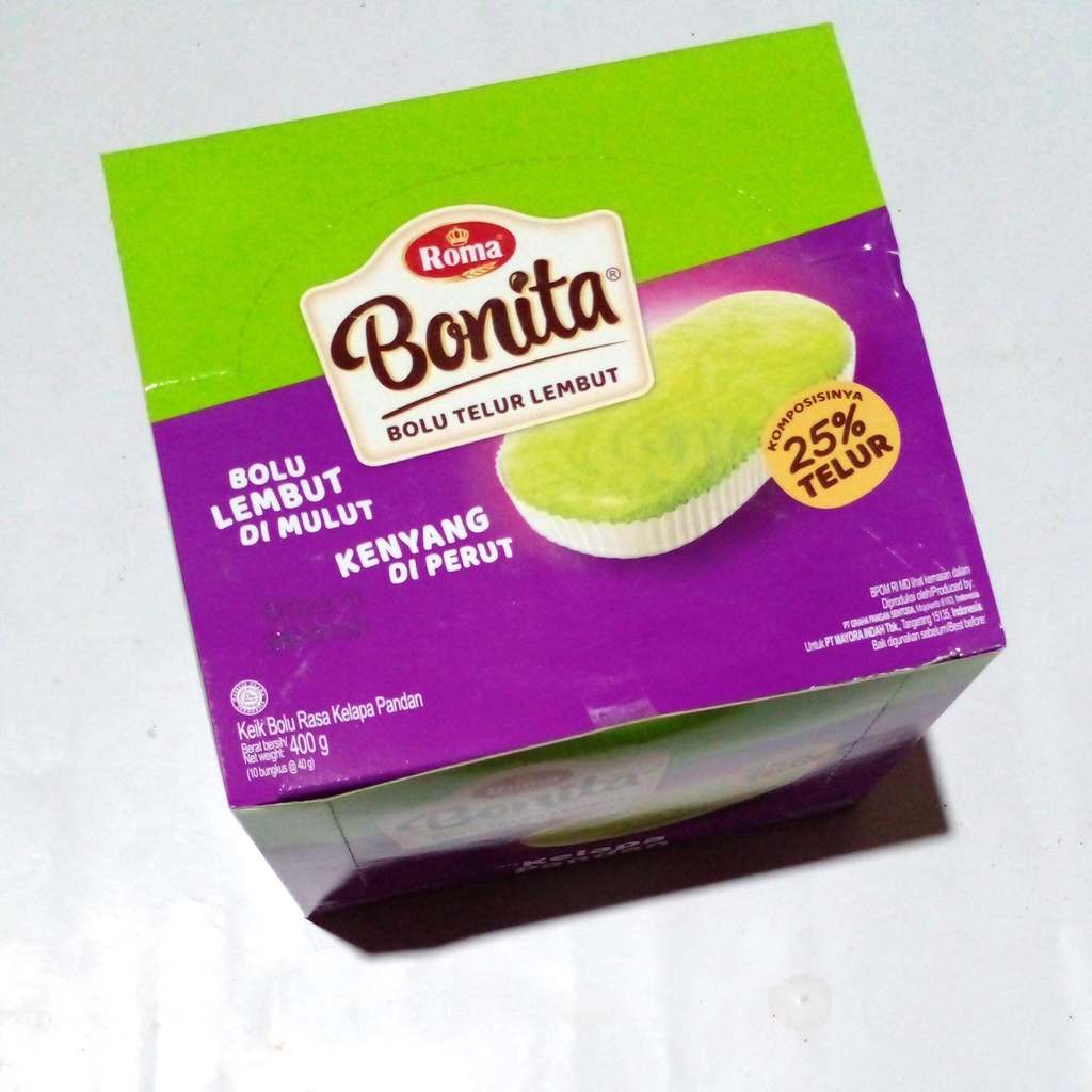 

Roma Bonita Bolu Telur Lembut Rasa Kelapa Pandan 1 Bungkus Isi 12 Pcs