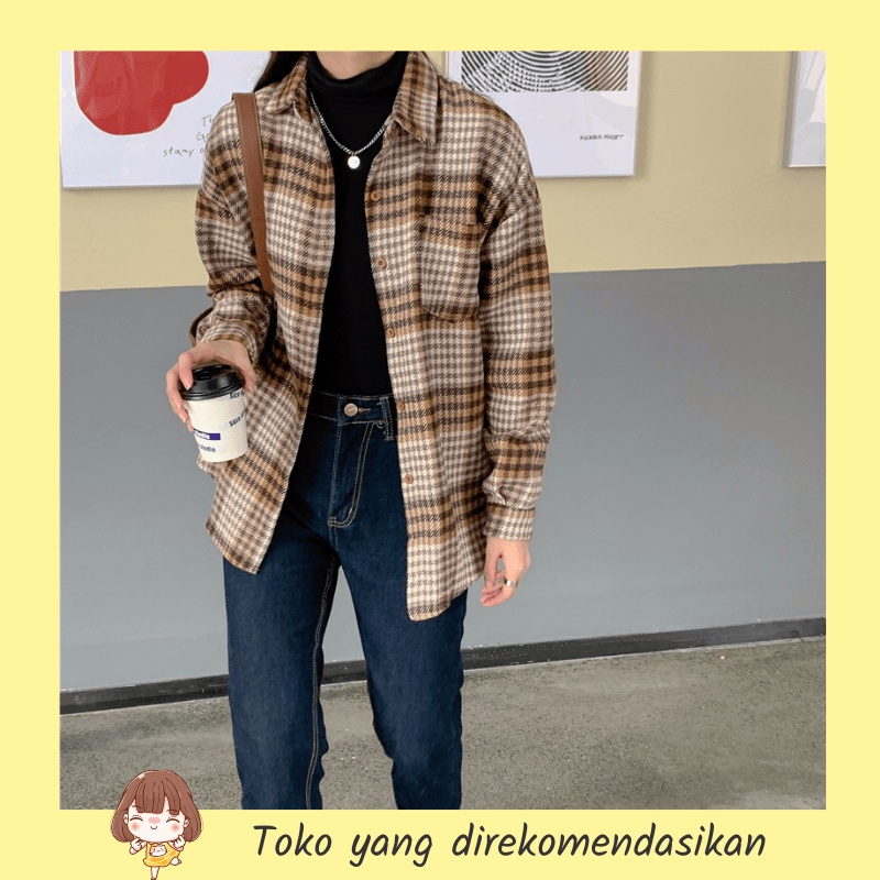 Kemeja Oversize Korea Jumbo Wanita Bahan Creap Motif Kotak Kotak Kemej Wanita Kemeja Kotak Kotak/Bl