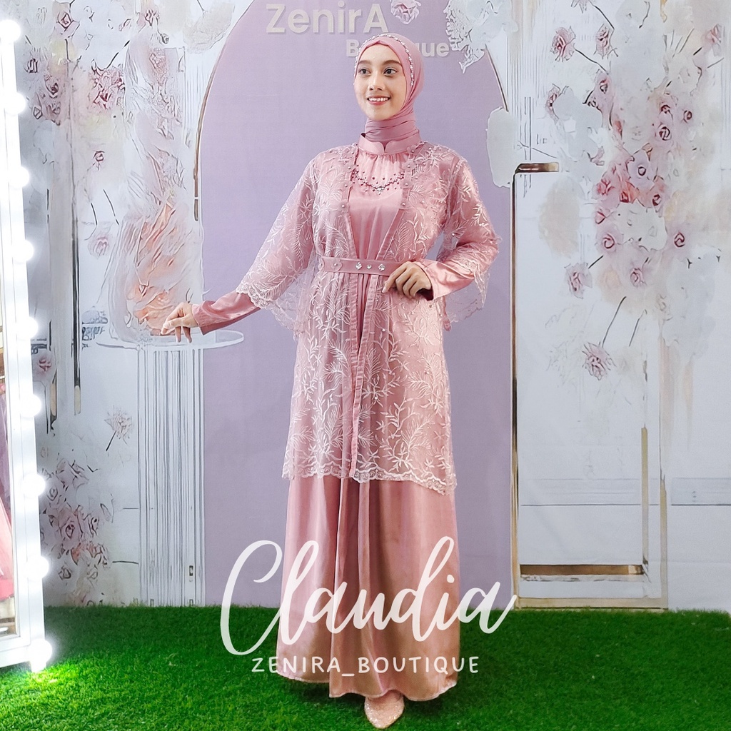 CLAUDIA GAUN pesta inner dan outer mewah full tulle bordir FREE BELT / baju kondangan / prewedding / bisa couple / wisuda / lamaran / gamis remaja