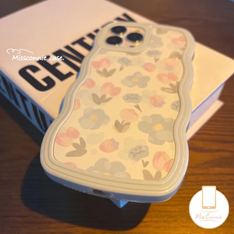 Casing Tepi Gelombang Baru Kompatibel Untuk iPhone 11 Pro MAX 7Plus 8Plus XR 6s 6 7 8 Plus 12 13 14 Pro MAX 14 Plus X XS MAX SE 2020segar Cat Air Biru Ungu Bunga Sarung Silikon Lembut