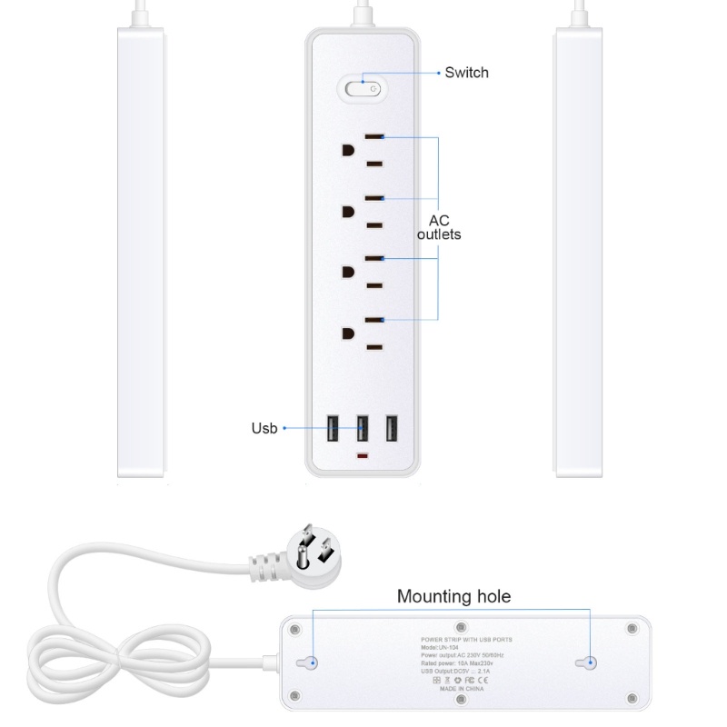 Zzz Power Strip Wall Outlet Surge Protector Stop Kontak 4xAC 3x Port USB Untuk Travel