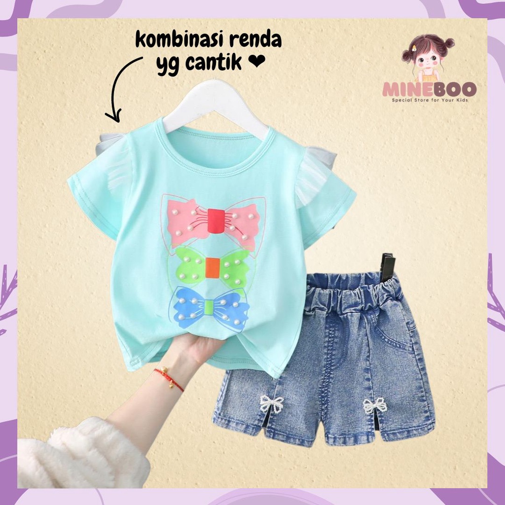 mineboo - SET RIBBON MOTEK EBV 1-5tahun Setelan anak perempuan baru/versi Korea kartun celana denim/baju anak perempuan