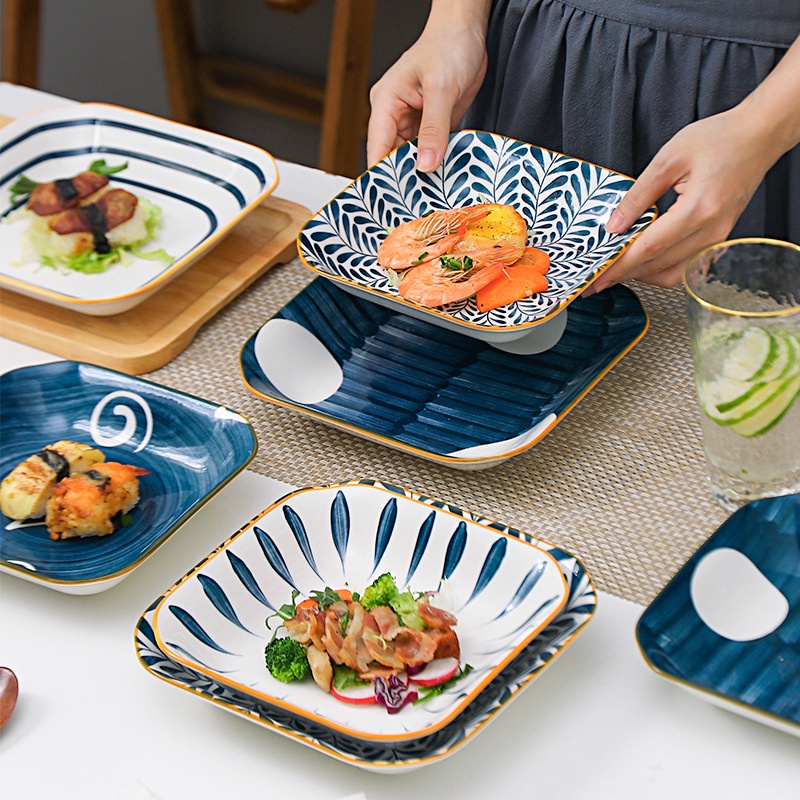 [Casa De Luxo]  Piring Makan Keramik KOTAK dan Piring Saji KOTAK Keramik Motif Jepang yang Tahan Pan