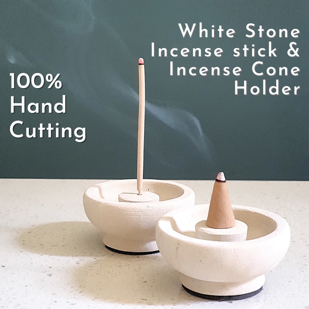 Leolle Tempat Dupa Aromaterapai Stik dan Kerucut Batu Putih Mini - Bali handmade stone carving incen