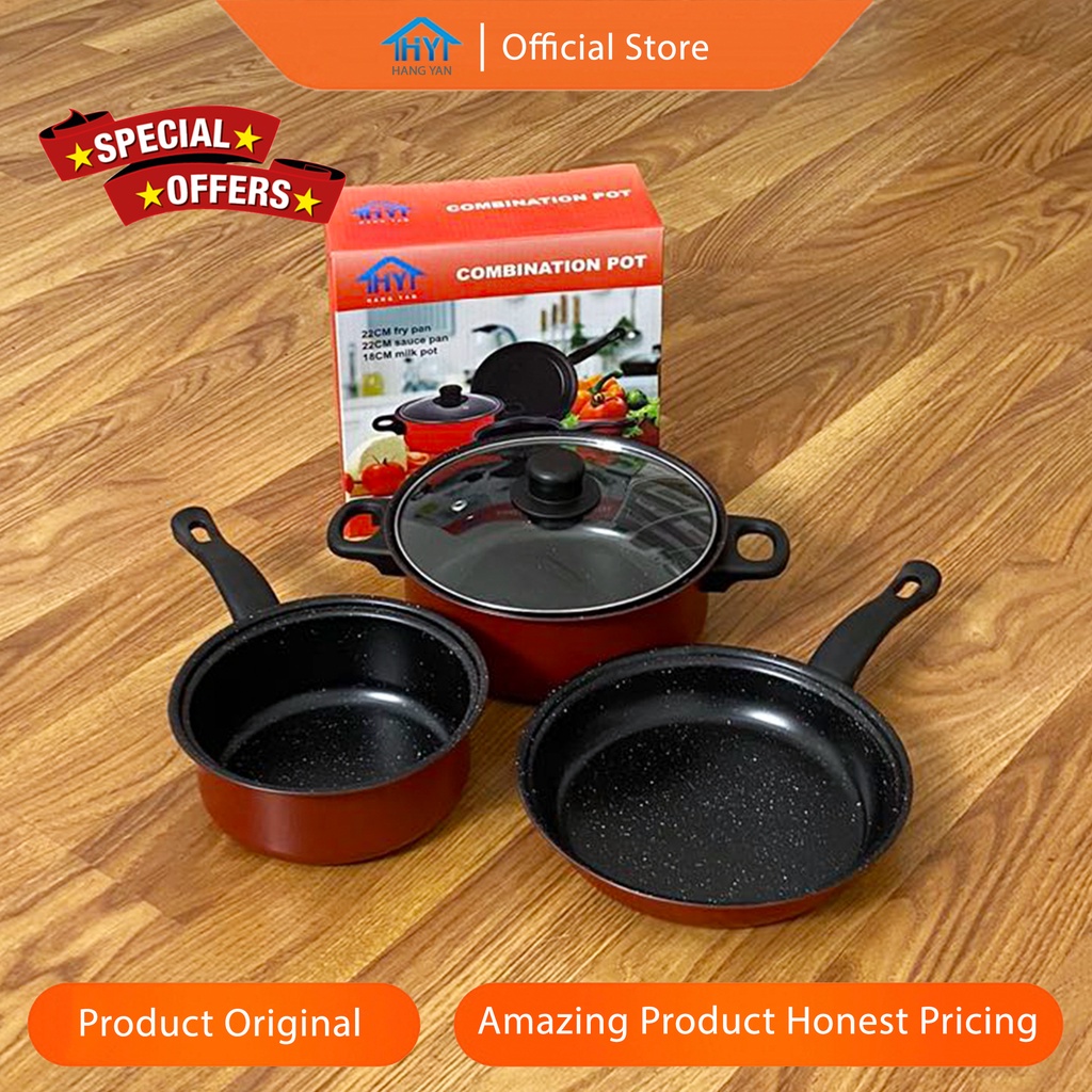 Panci Set 3 IN 1 Anti Lengket Panci Isi 3 Tutup Kaca Panci Set Pot Cookware Set Anti Lengket-Red