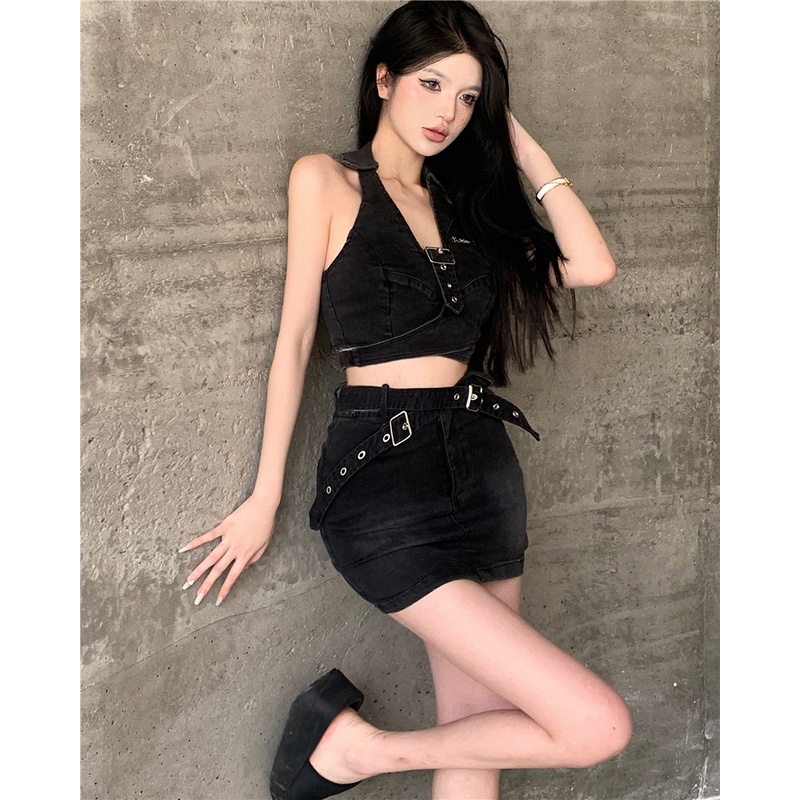 ✎○❃Suhao sweet cool hot girl denim camisole female summer design sense niche sexy halter neck sleeveless tight short top