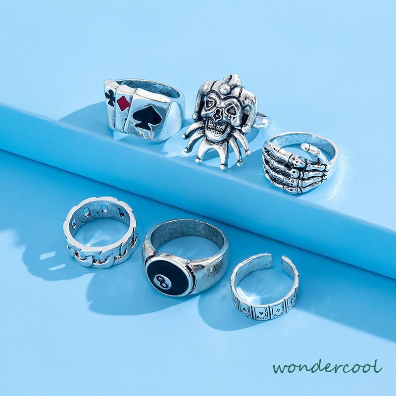 6PCS/Set Cincin Unisex  Punk Membesar-besarkan  Badut Poker Cakar Hantu Tengkorak  Perhiasan Bulat Nomor 8-Won