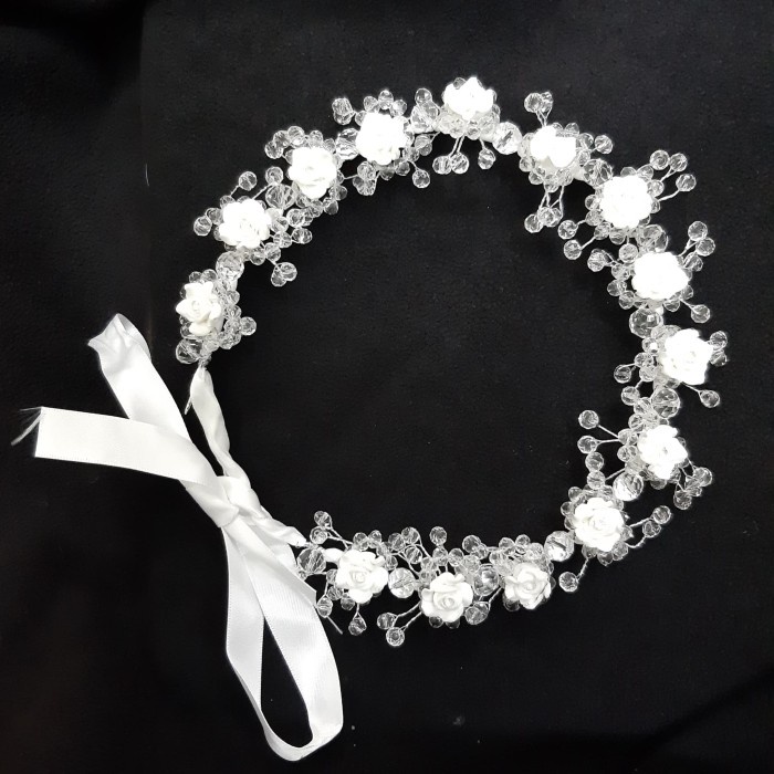 MAHKOTA FLOWER CROWN BUNGA CLAY PUTIH KOMBINASI KRISTAL