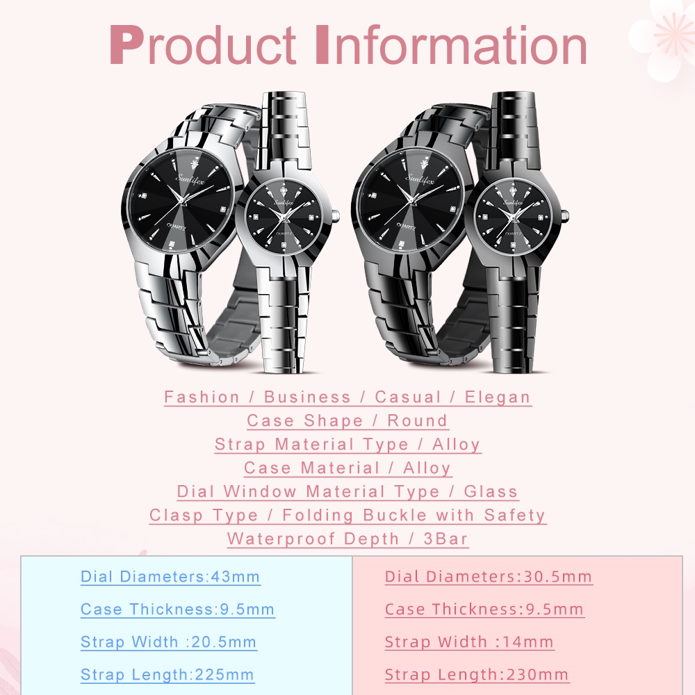 Sunlifex Jam Tangan Couple 9090-M+SL9090-W Stainless Steel Berlian Anti Air Analog Bisnis Kuarsa Jam Tangan Wanita/Pria-4
