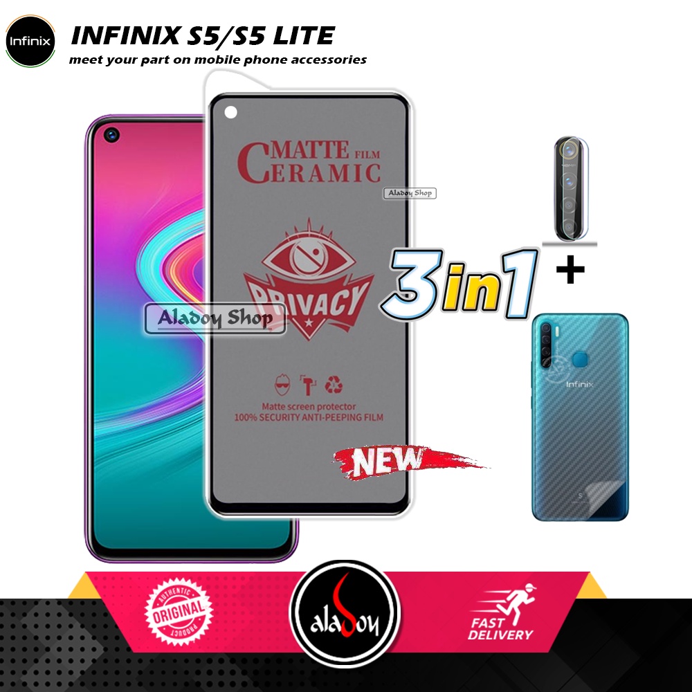 Tempered Glass Anti SPY Infinix S5/S5 Lite Anti Gores Privacy + Tempered Glass kamera dan Skin Carbon