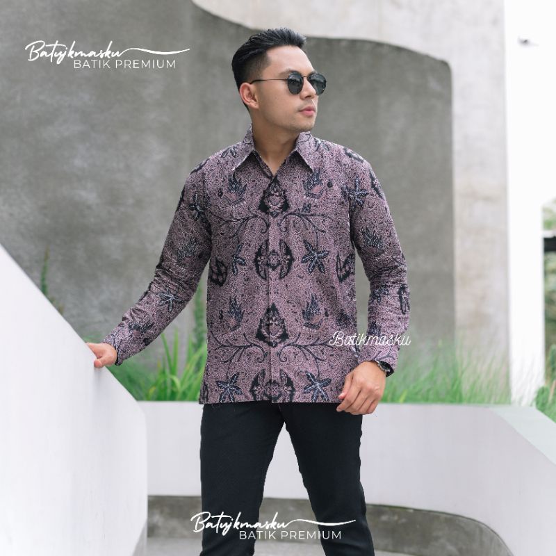 Baju Batik Kemeja Pria WAHYU UNGU Lengan Panjang Premium Slimfit Batik cowok Batik solo modern Batik Formal Kemeja