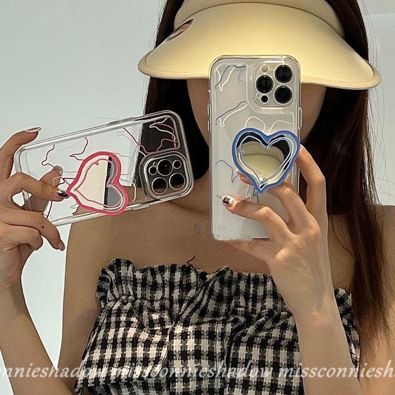 Cute Love Heart Make Up Mirror Bracket Phone Grip Korea Foldable Phone Holder Ring Phone Stand Holder Extendable Grip Cincin Telepon Untuk Semua Ponsel