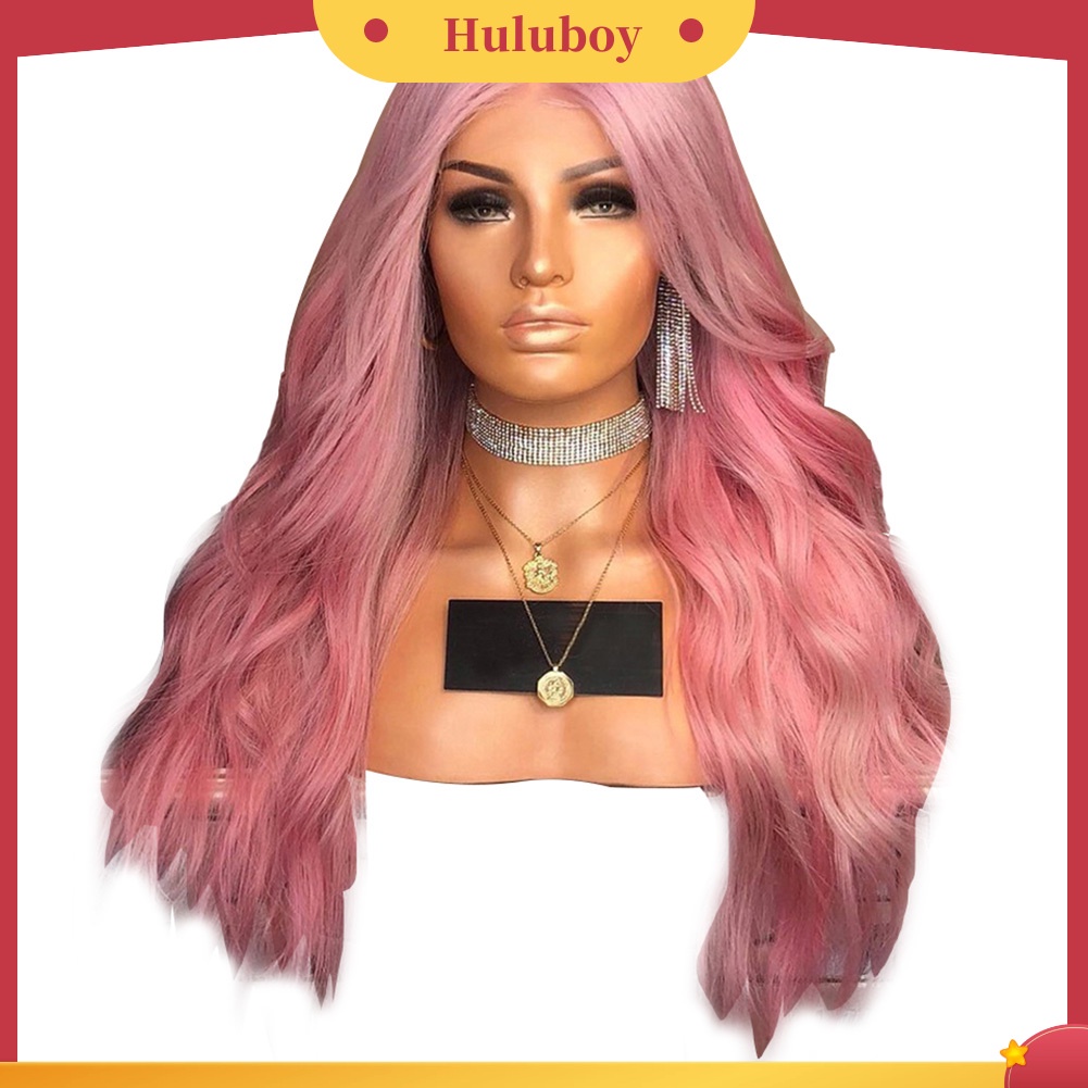 Rambut Palsu Wanita Model Panjang Gelombang Warna Pink Untuk Pesta Cosplay