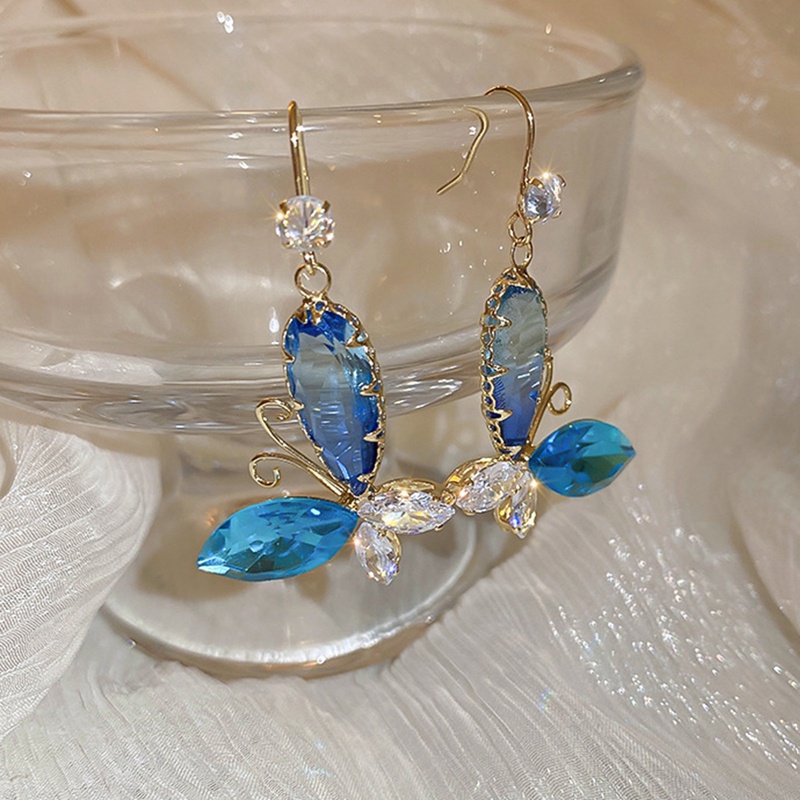 Anting Fringe Permata Kupu-Kupu Biru Temperamen Vintage Elegan Untuk Wanita Korea Fashion Earring Pesta Perhiasan Hadiah