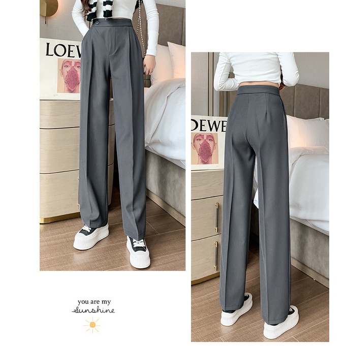 Korea Celana Kulot Hitam Kasual Wanita Loose High Waist Straight Leg Pants Women