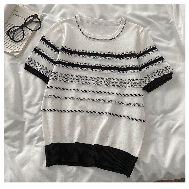 baju atasan wanita/lengan pendek stripe crop top/korean style import kekinian kaos pendek