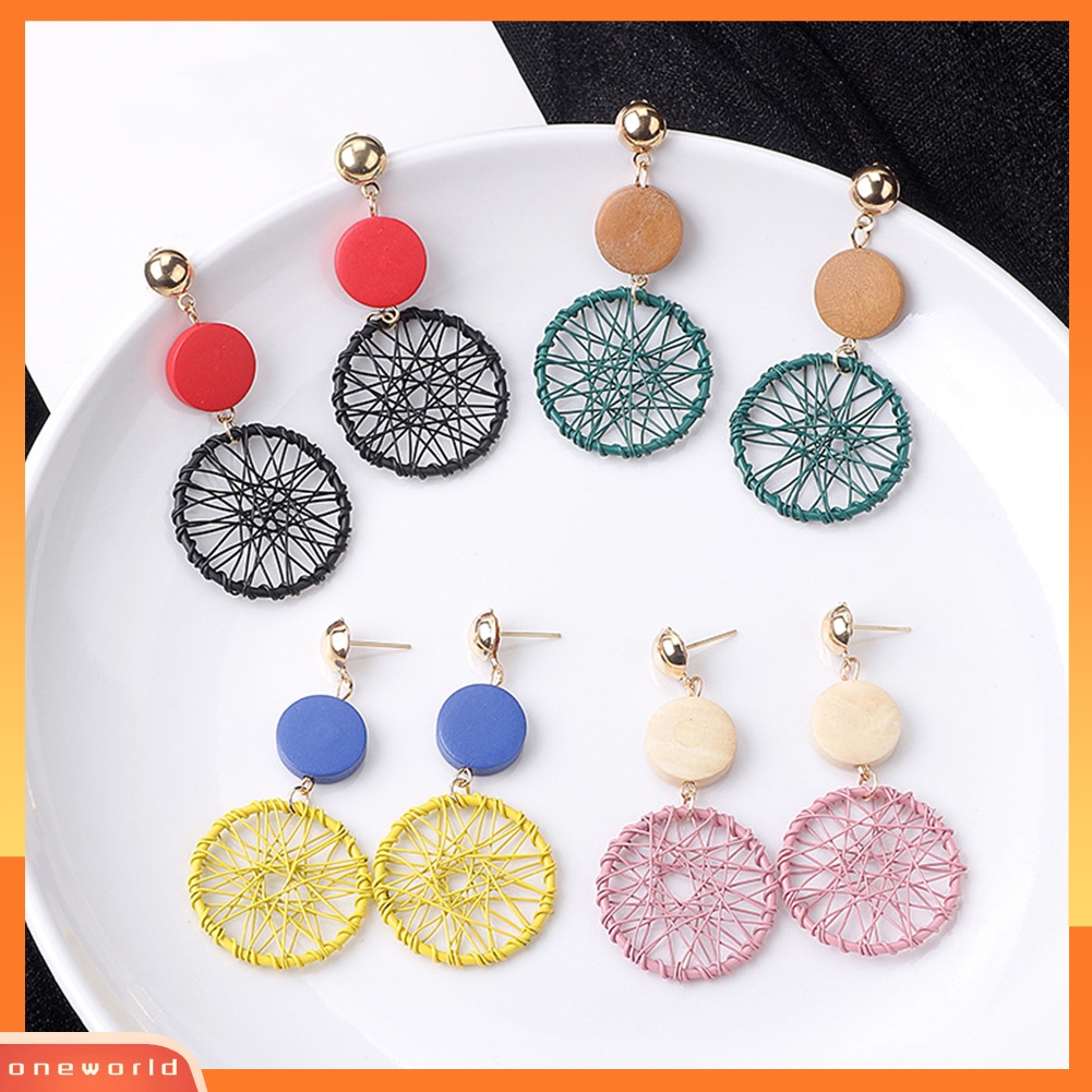 [WONE] Vintage Wanita Kayu Bulat Dreamcatcher Statement Stud Earrings Perhiasan Hadiah