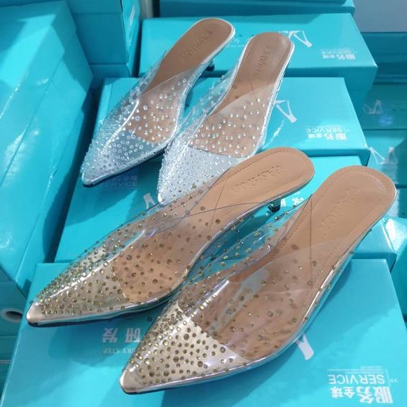 Sendal Wanita Kaca Transparant 002010 Sandal Peri Transparan Tumit Rendah