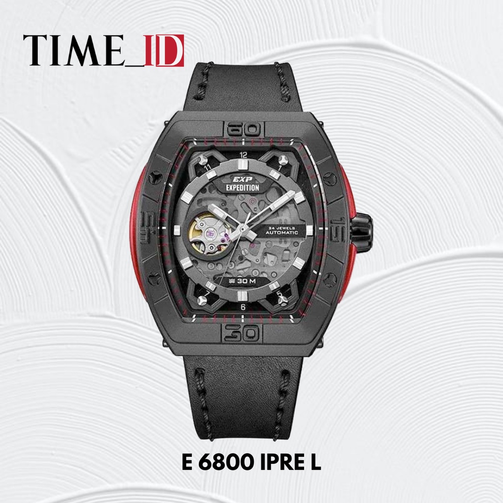 Jam Tangan Expedition E 6800 Black Red Leather Automatic Pria