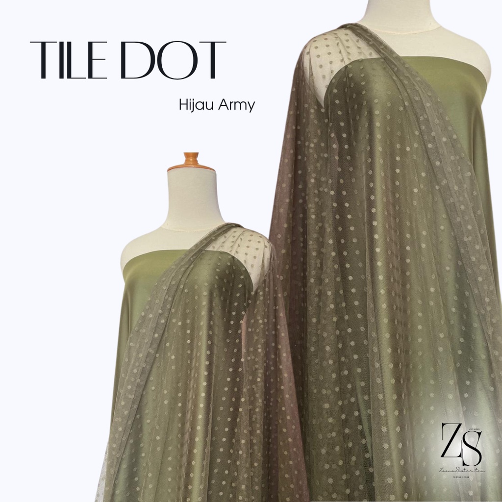 Bahan Kain Tile Tille Tule Tulle Dot Dotty Warna Hijau Army