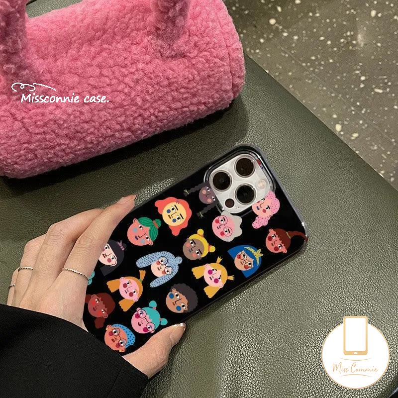 Case Compatible Untuk IPhone 7Plus 8Plus 11 14 13 12 Pro Max XR 78 14 Plus X XS Max SE 2020 Ins Fashion Kreatif Kartun Lucu Avatar Glossy Halus Lembut TPU Hitam Cover