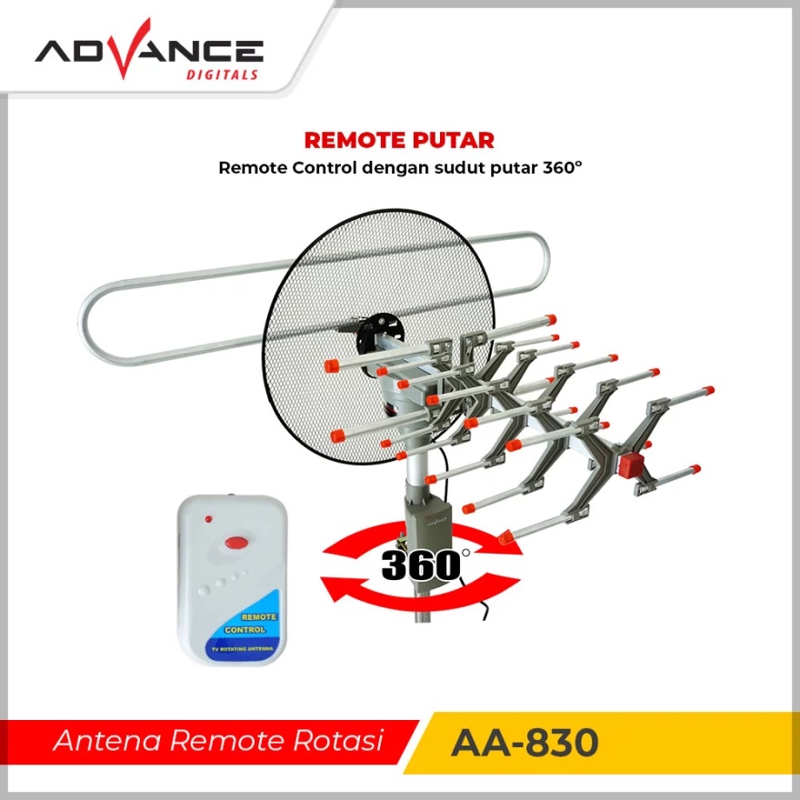 Antena TV Digital Advance AA-830 / Antena Remote Digital | Antena TV Remot Advance AA 830 Model Parabola Full HD rotasi 360° plus Booster , remot | Antena TV Outdoor Advance Antenna Remote AA-830 | FMS