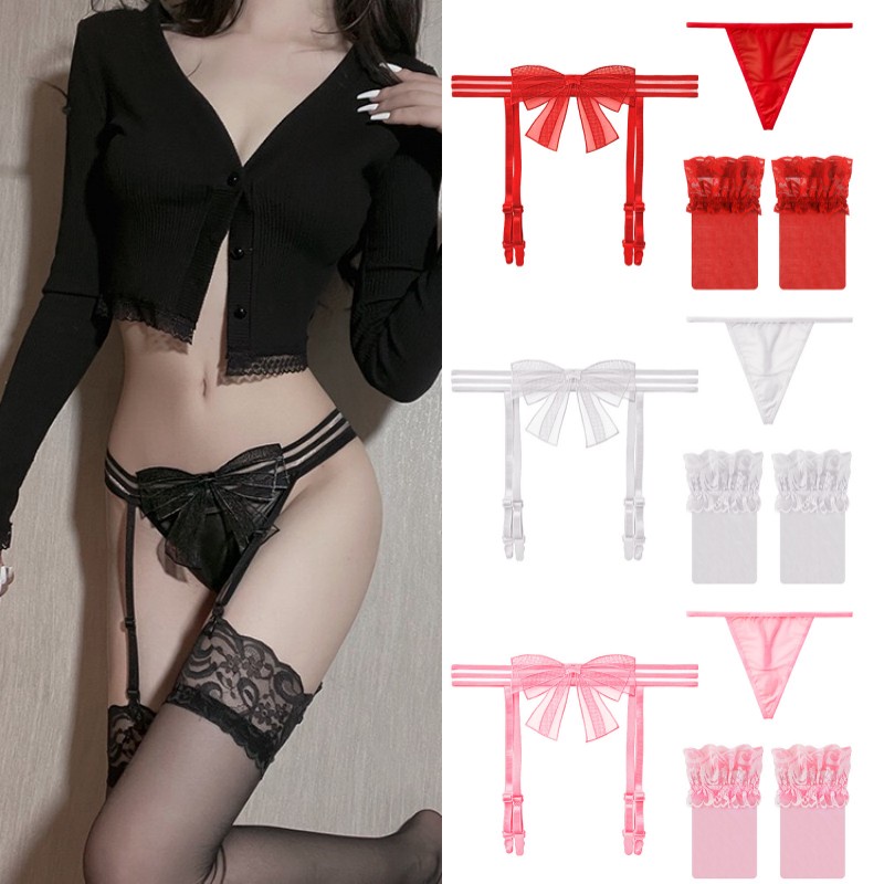 Lingerie Sexy Hot Transparan G String Busur pita Garter Belt  Set Lingerie 3T10