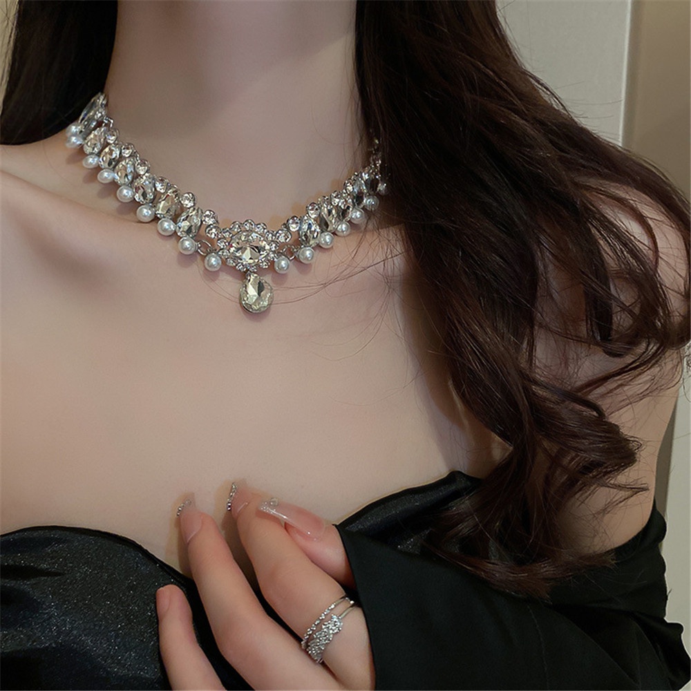 French Pearl Rhinstone Drop Chocker Kalung Untuk Wanita Tulang Selangka Rantai Kalung Pesta Perhiasan