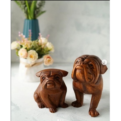 HIASAN RUMAH KOLEKSI HANDMADE ANJING BULLDOG JALAN HIGH QUALITY KAYU ASLI BALI 25CM