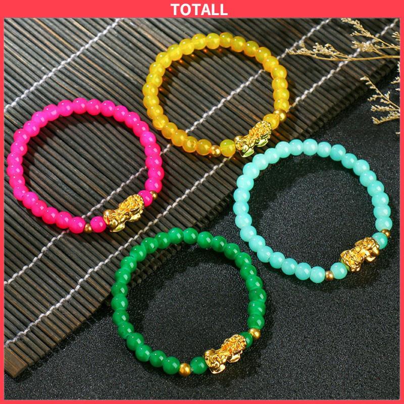 COD Gelang Batu Akik Manik-manik Lucky Pixiu Gelang Indah Memakai Tali Elastis Tahan Banting Manik-manik Kristal Berwarna-warni -Totall